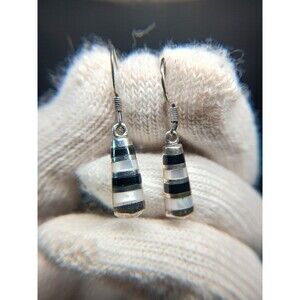 Sterling Silver 925 Onyx & Mother of Pearl Dangle Earrings ~1.25"